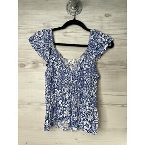 Japna Top Womens Medium Blue White Floral Smocked Boho Peasant Blouse Rayon